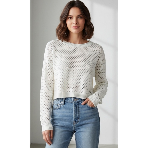 No Comment Sweaters - No Comment Open Knit Cropped Long Sleeve Off White Sweater